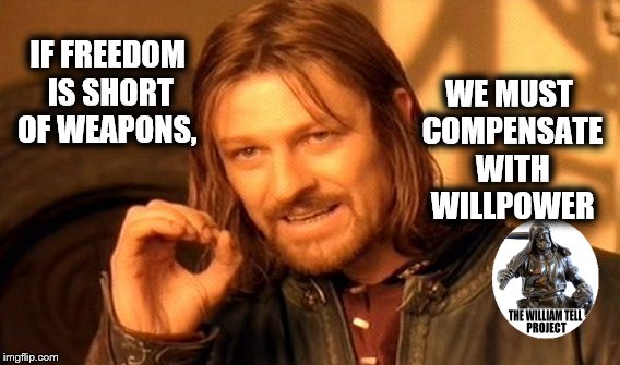 One Does Not Simply Meme | WE MUST COMPENSATE WITH WILLPOWER; IF FREEDOM IS SHORT OF WEAPONS, | image tagged in memes,one does not simply | made w/ Imgflip meme maker