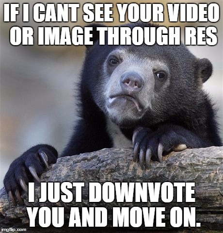 Confession Bear Meme | IF I CANT SEE YOUR VIDEO OR IMAGE THROUGH RES; I JUST DOWNVOTE YOU AND MOVE ON. | image tagged in memes,confession bear,AdviceAnimals | made w/ Imgflip meme maker