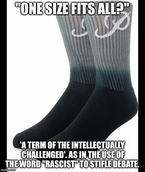 Socks | "ONE SIZE FITS ALL?"; 'A TERM OF THE INTELLECTUALLY CHALLENGED'. AS IN THE USE OF THE WORD "RASCIST" TO STIFLE DEBATE. | image tagged in socks | made w/ Imgflip meme maker