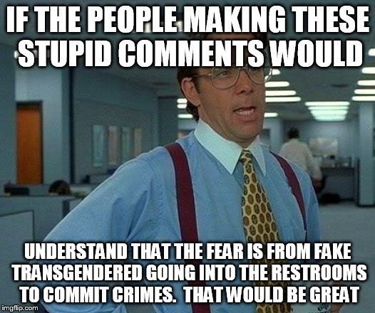 That Would Be Great Meme | IF THE PEOPLE MAKING THESE STUPID COMMENTS WOULD UNDERSTAND THAT THE FEAR IS FROM FAKE TRANSGENDERED GOING INTO THE RESTROOMS TO COMMIT CRIM | image tagged in memes,that would be great | made w/ Imgflip meme maker