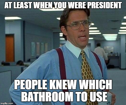 That Would Be Great Meme | AT LEAST WHEN YOU WERE PRESIDENT PEOPLE KNEW WHICH BATHROOM TO USE | image tagged in memes,that would be great | made w/ Imgflip meme maker