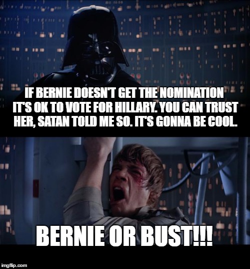 Star Wars No | IF BERNIE DOESN'T GET THE NOMINATION IT'S OK TO VOTE FOR HILLARY. YOU CAN TRUST HER, SATAN TOLD ME SO. IT'S GONNA BE COOL. BERNIE OR BUST!!! | image tagged in memes,star wars no | made w/ Imgflip meme maker