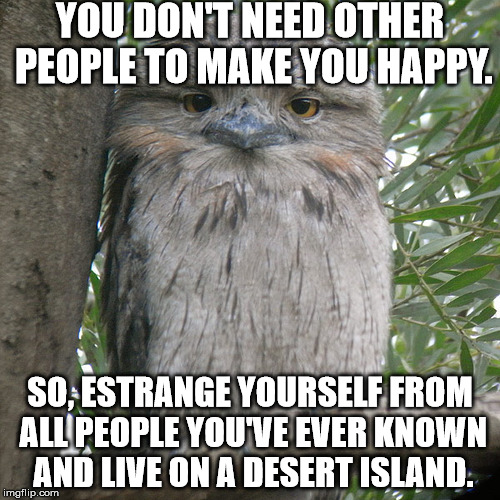 Wise Advice Potoo | YOU DON'T NEED OTHER PEOPLE TO MAKE YOU HAPPY. SO, ESTRANGE YOURSELF FROM ALL PEOPLE YOU'VE EVER KNOWN AND LIVE ON A DESERT ISLAND. | image tagged in wise advice potoo | made w/ Imgflip meme maker