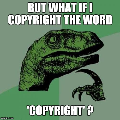 Philosoraptor Meme | BUT WHAT IF I COPYRIGHT THE WORD 'COPYRIGHT' ? | image tagged in memes,philosoraptor | made w/ Imgflip meme maker