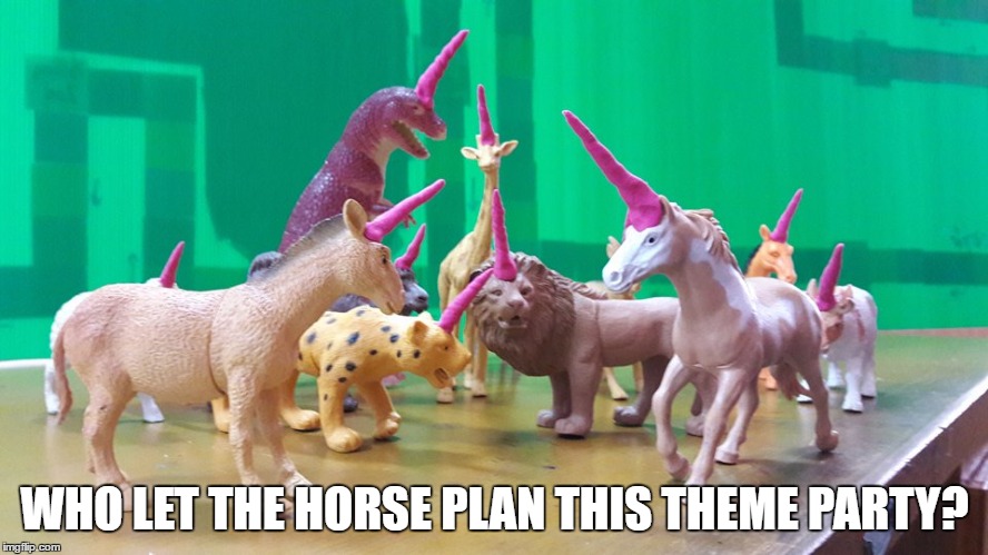 Just a horn short of being special.  | WHO LET THE HORSE PLAN THIS THEME PARTY? | image tagged in unicorn,party,partying,horny,clay,trex | made w/ Imgflip meme maker
