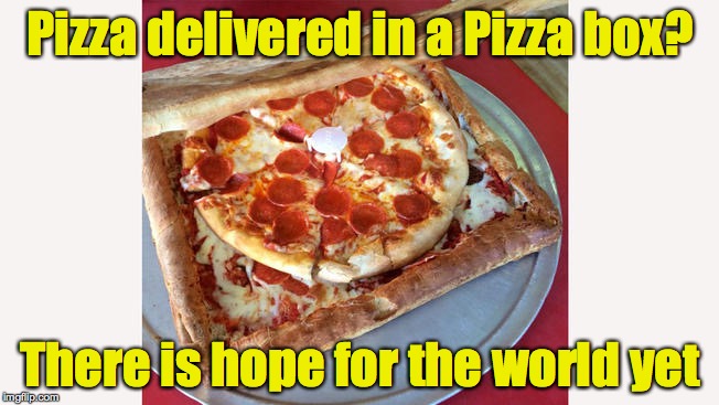 It's environmentally friendly AND edible?  Win Win | Pizza delivered in a Pizza box? There is hope for the world yet | image tagged in pizza,box,environmental | made w/ Imgflip meme maker