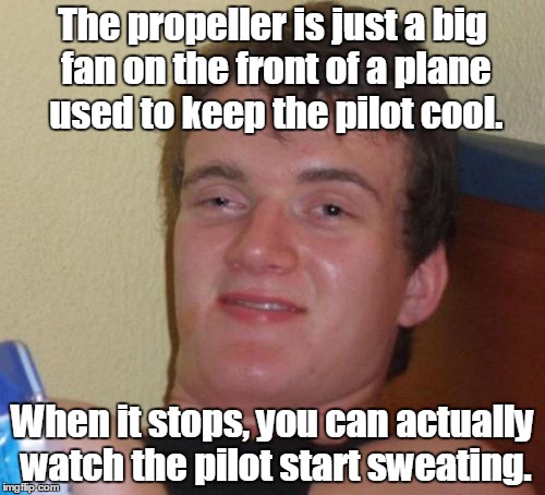 10 Guy Meme | The propeller is just a big fan on the front of a plane used to keep the pilot cool. When it stops, you can actually watch the pilot start sweating. | image tagged in memes,10 guy | made w/ Imgflip meme maker