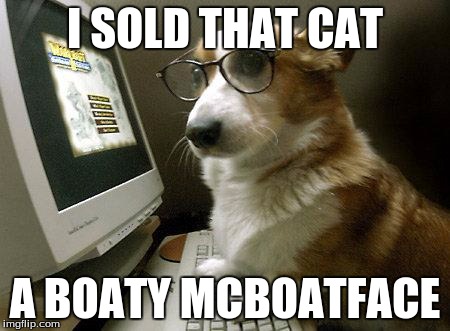 Smart Dog |  I SOLD THAT CAT; A BOATY MCBOATFACE | image tagged in smart dog | made w/ Imgflip meme maker