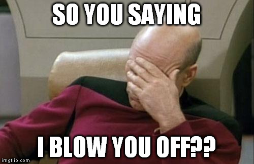 Captain Picard Facepalm Meme | SO YOU SAYING I BLOW YOU OFF?? | image tagged in memes,captain picard facepalm | made w/ Imgflip meme maker
