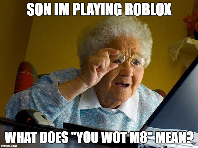 Grandma Finds The Internet | SON IM PLAYING ROBLOX; WHAT DOES "YOU WOT M8" MEAN? | image tagged in memes,grandma finds the internet | made w/ Imgflip meme maker
