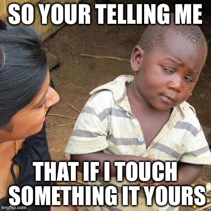 Third World Skeptical Kid Meme | SO YOUR TELLING ME THAT IF I TOUCH SOMETHING IT YOURS | image tagged in memes,third world skeptical kid | made w/ Imgflip meme maker