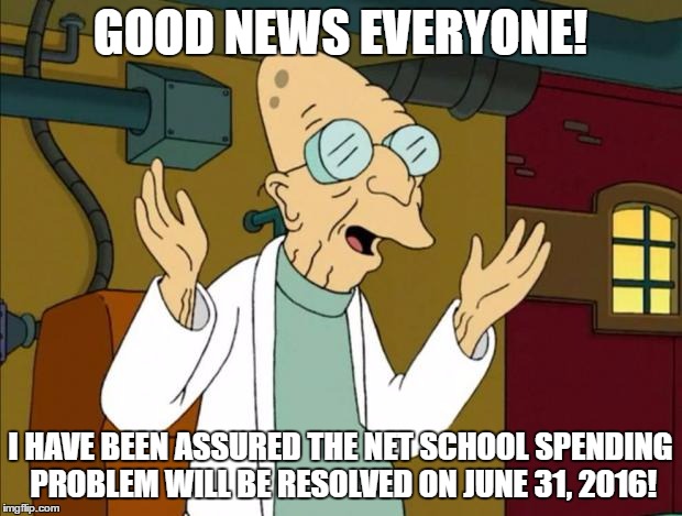 FINALLY, AN END IN SIGHT! | GOOD NEWS EVERYONE! I HAVE BEEN ASSURED THE NET SCHOOL SPENDING PROBLEM WILL BE RESOLVED ON JUNE 31, 2016! | image tagged in professor farnsworth good news everyone,budget,school | made w/ Imgflip meme maker