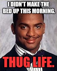The thug life may have chosen me, but this isn't a mad house. I made the bed up at around noon. |  I DIDN'T MAKE THE BED UP THIS MORNING. THUG LIFE. | image tagged in carlton banks,carlton banks thug life,thug life | made w/ Imgflip meme maker