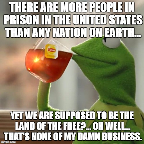 But That's None Of My Business Meme | THERE ARE MORE PEOPLE IN PRISON IN THE UNITED STATES THAN ANY NATION ON EARTH... YET WE ARE SUPPOSED TO BE THE LAND OF THE FREE?... OH WELL... THAT'S NONE OF MY DAMN BUSINESS. | image tagged in memes,but thats none of my business,kermit the frog | made w/ Imgflip meme maker