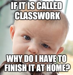 Skeptical Baby Meme | IF IT IS CALLED CLASSWORK; WHY DO I HAVE TO FINISH IT AT HOME? | image tagged in memes,skeptical baby | made w/ Imgflip meme maker