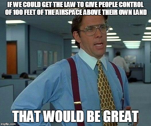 Checkmate Drone Invasions of Privacy | IF WE COULD GET THE LAW TO GIVE PEOPLE CONTROL OF 100 FEET OF THE AIRSPACE ABOVE THEIR OWN LAND; THAT WOULD BE GREAT | image tagged in memes,that would be great | made w/ Imgflip meme maker