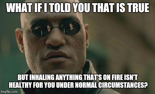 Matrix Morpheus Meme | WHAT IF I TOLD YOU THAT IS TRUE BUT INHALING ANYTHING THAT'S ON FIRE ISN'T HEALTHY FOR YOU UNDER NORMAL CIRCUMSTANCES? | image tagged in memes,matrix morpheus | made w/ Imgflip meme maker