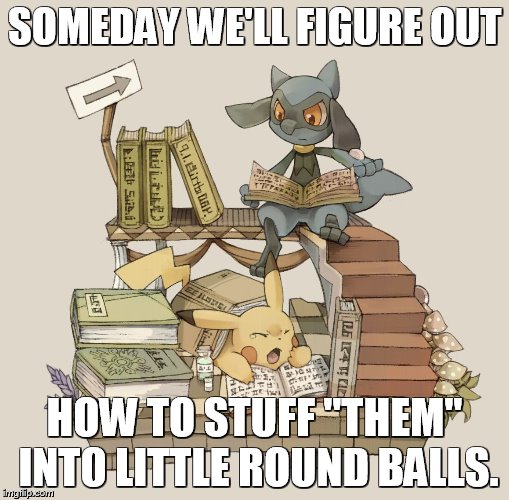 riolu and Pikachu are up to no good | SOMEDAY WE'LL FIGURE OUT; HOW TO STUFF "THEM" INTO LITTLE ROUND BALLS. | image tagged in pikachu,riolu,books | made w/ Imgflip meme maker