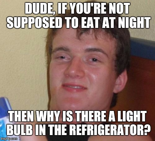 11GUY | DUDE, IF YOU'RE NOT SUPPOSED TO EAT AT NIGHT; THEN WHY IS THERE A LIGHT BULB IN THE REFRIGERATOR? | image tagged in memes,10 guy,lol,funny memes,game_king | made w/ Imgflip meme maker