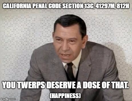 Happy Friday | CALIFORNIA PENAL CODE SECTION 13C, 41297M, 812H; YOU TWERPS DESERVE A DOSE OF THAT. (HAPPINESS) | image tagged in friday,happy friday,jack webb,joe friday,twerps | made w/ Imgflip meme maker