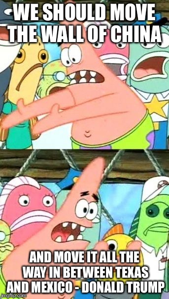 Put It Somewhere Else Patrick Meme | WE SHOULD MOVE THE WALL OF CHINA; AND MOVE IT ALL THE WAY IN BETWEEN TEXAS AND MEXICO - DONALD TRUMP | image tagged in memes,put it somewhere else patrick | made w/ Imgflip meme maker