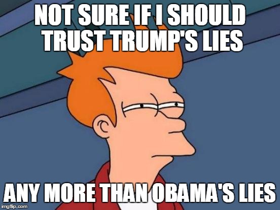 Futurama Fry Meme | NOT SURE IF I SHOULD TRUST TRUMP'S LIES ANY MORE THAN OBAMA'S LIES | image tagged in memes,futurama fry | made w/ Imgflip meme maker