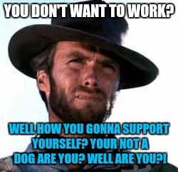 Cowboy  | YOU DON'T WANT TO WORK? WELL HOW YOU GONNA SUPPORT YOURSELF? YOUR NOT A DOG ARE YOU? WELL ARE YOU?! | image tagged in cowboy | made w/ Imgflip meme maker