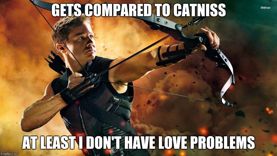 Katniss | GETS COMPARED TO CATNISS; AT LEAST I DON'T HAVE LOVE PROBLEMS | image tagged in marvel | made w/ Imgflip meme maker