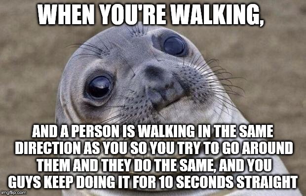 Awkward Moment Sealion | WHEN YOU'RE WALKING, AND A PERSON IS WALKING IN THE SAME DIRECTION AS YOU SO YOU TRY TO GO AROUND THEM AND THEY DO THE SAME, AND YOU GUYS KEEP DOING IT FOR 10 SECONDS STRAIGHT | image tagged in memes,awkward moment sealion | made w/ Imgflip meme maker