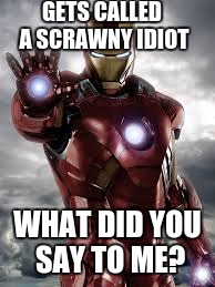 Iron Man Gets Name Called | GETS CALLED A SCRAWNY IDIOT; WHAT DID YOU SAY TO ME? | image tagged in iron man | made w/ Imgflip meme maker