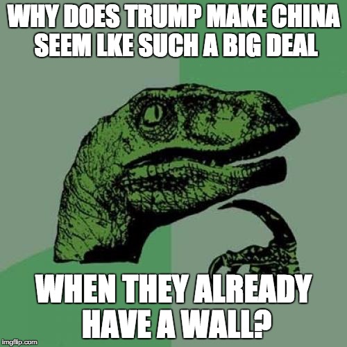 But Trump makes it sound like everything will be better once you have a wall! | WHY DOES TRUMP MAKE CHINA SEEM LKE SUCH A BIG DEAL; WHEN THEY ALREADY HAVE A WALL? | image tagged in memes,philosoraptor | made w/ Imgflip meme maker