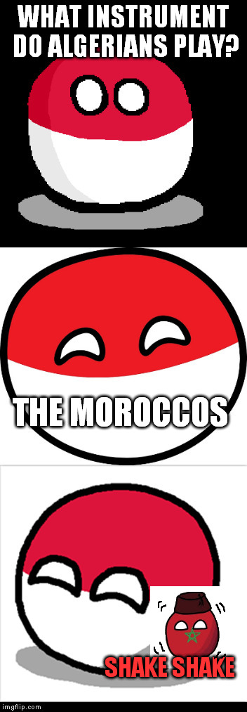 A Pair of Red Moroccos.  | WHAT INSTRUMENT DO ALGERIANS PLAY? THE MOROCCOS; SHAKE SHAKE | image tagged in bad pun polandball,polandball | made w/ Imgflip meme maker