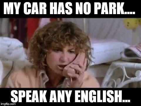 Ferris bueller I need help | MY CAR HAS NO PARK.... SPEAK ANY ENGLISH... | image tagged in ferris bueller i need help | made w/ Imgflip meme maker