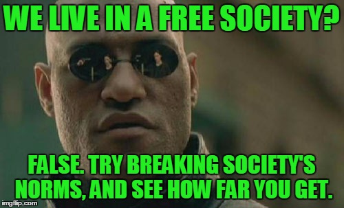 Matrix Morpheus Meme | WE LIVE IN A FREE SOCIETY? FALSE. TRY BREAKING SOCIETY'S NORMS, AND SEE HOW FAR YOU GET. | image tagged in memes,matrix morpheus | made w/ Imgflip meme maker