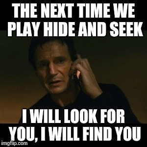 Liam Neeson Taken | THE NEXT TIME WE PLAY HIDE AND SEEK; I WILL LOOK FOR YOU, I WILL FIND YOU | image tagged in memes,liam neeson taken | made w/ Imgflip meme maker
