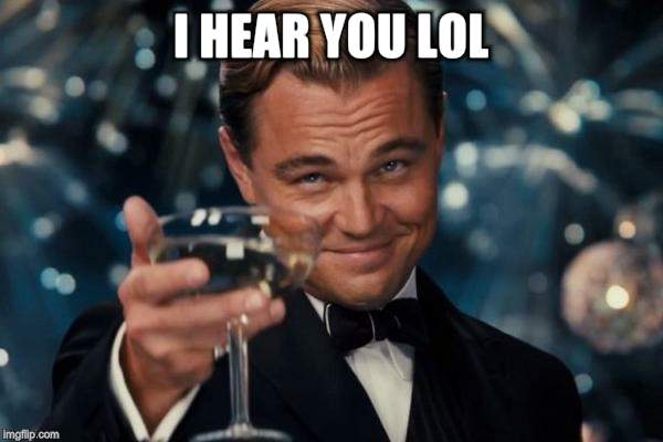 Leonardo Dicaprio Cheers Meme | I HEAR YOU LOL | image tagged in memes,leonardo dicaprio cheers | made w/ Imgflip meme maker