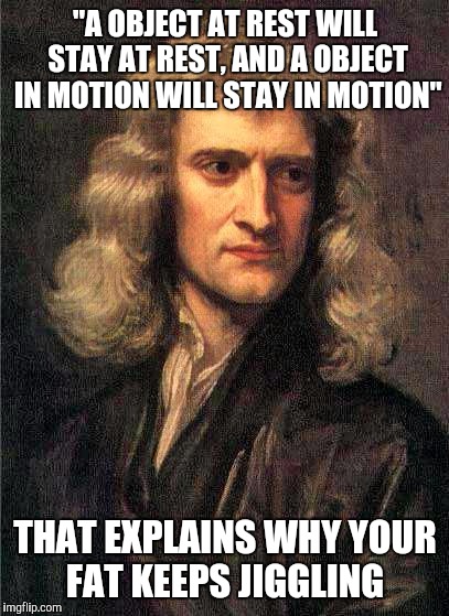 Isaac Newton | "A OBJECT AT REST WILL STAY AT REST, AND A OBJECT IN MOTION WILL STAY IN MOTION"; THAT EXPLAINS WHY YOUR FAT KEEPS JIGGLING | image tagged in isaac newton | made w/ Imgflip meme maker