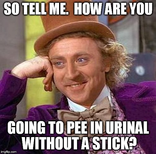 Creepy Condescending Wonka Meme | SO TELL ME.  HOW ARE YOU GOING TO PEE IN URINAL WITHOUT A STICK? | image tagged in memes,creepy condescending wonka | made w/ Imgflip meme maker