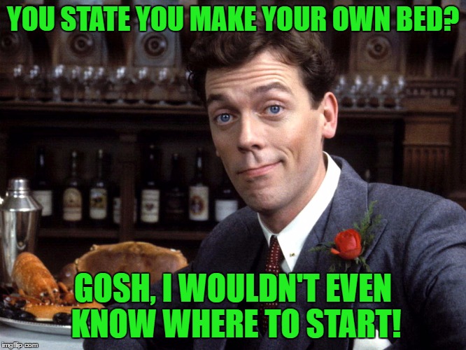 YOU STATE YOU MAKE YOUR OWN BED? GOSH, I WOULDN'T EVEN KNOW WHERE TO START! | made w/ Imgflip meme maker