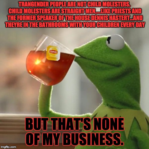 freedom from being vilified to fit some assholes agenda is everyones business  | TRANGENDER PEOPLE ARE NOT CHILD MOLESTERS. CHILD MOLESTERS ARE STRAIGHT MEN,....LIKE PRIESTS AND THE FORMER SPEAKER OF THE HOUSE DENNIS HASTERT...AND THEYRE IN THE BATHROOMS WITH YOUR CHILDREN EVERY DAY; BUT THAT'S NONE OF MY BUSINESS. | image tagged in memes,but thats none of my business,kermit the frog | made w/ Imgflip meme maker