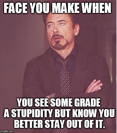 Upvote if this is true. | FACE YOU MAKE WHEN; YOU SEE SOME GRADE A STUPIDITY BUT KNOW YOU BETTER STAY OUT OF IT. | image tagged in memes,face you make robert downey jr,lol,trolls,stupid people | made w/ Imgflip meme maker