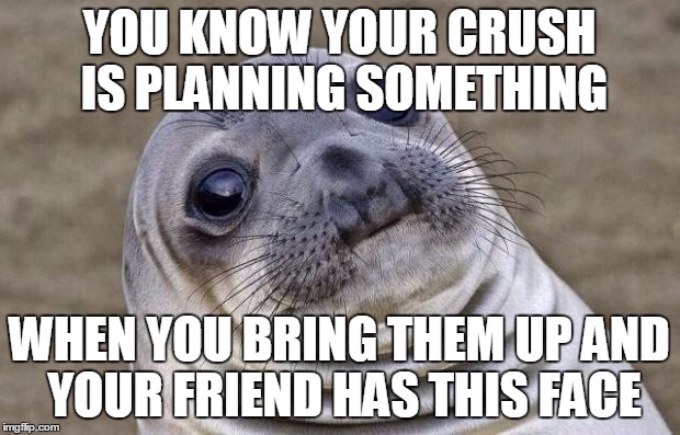 Awkward Moment Sealion | YOU KNOW YOUR CRUSH IS PLANNING SOMETHING; WHEN YOU BRING THEM UP AND YOUR FRIEND HAS THIS FACE | image tagged in memes,awkward moment sealion | made w/ Imgflip meme maker