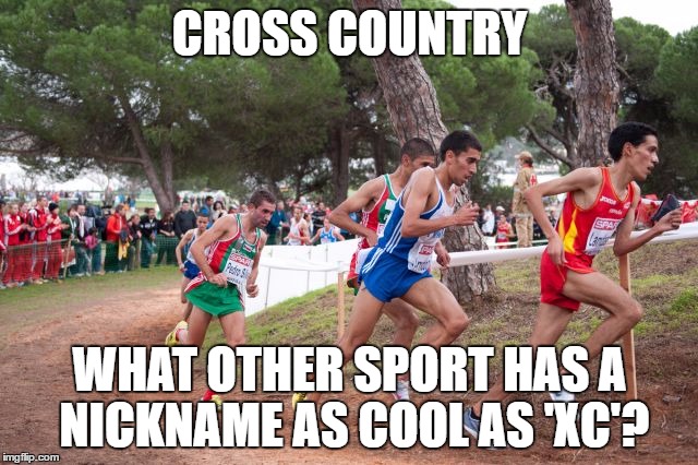 CROSS COUNTRY; WHAT OTHER SPORT HAS A NICKNAME AS COOL AS 'XC'? | image tagged in cross country,running | made w/ Imgflip meme maker