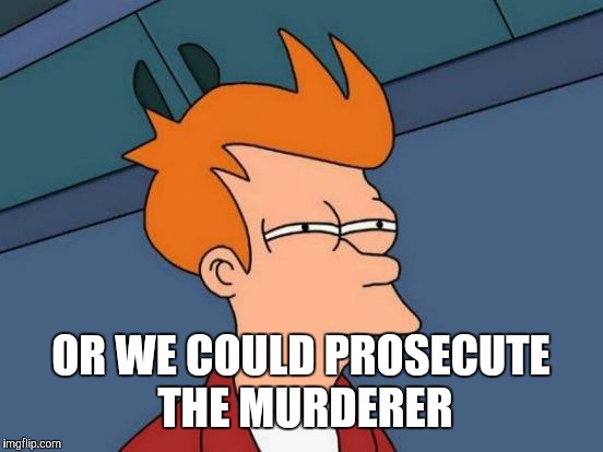 Futurama Fry Meme | OR WE COULD PROSECUTE THE MURDERER | image tagged in memes,futurama fry | made w/ Imgflip meme maker
