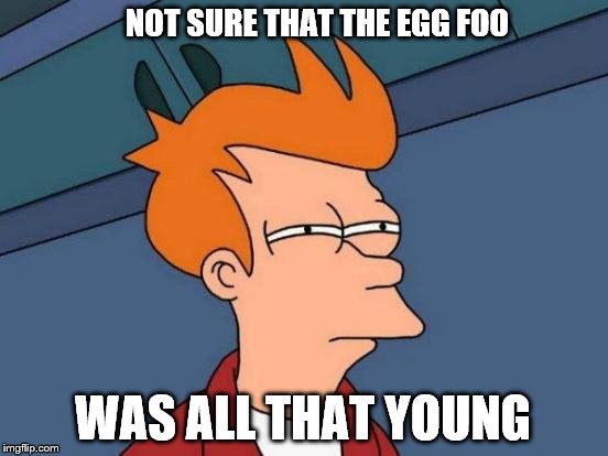 not new foo | NOT SURE THAT THE EGG FOO; WAS ALL THAT YOUNG | image tagged in memes,futurama fry,fast food | made w/ Imgflip meme maker