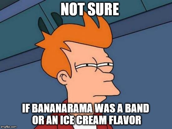 might be losing it | NOT SURE; IF BANANARAMA WAS A BAND OR AN ICE CREAM FLAVOR | image tagged in memes,futurama fry,musical,ice cream | made w/ Imgflip meme maker
