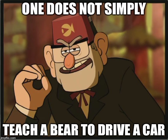 One Does Not Simply: Gravity Falls Version | ONE DOES NOT SIMPLY; TEACH A BEAR TO DRIVE A CAR | image tagged in one does not simply gravity falls version | made w/ Imgflip meme maker