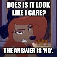 Does It Look Like I Care? | DOES IS IT LOOK LIKE I CARE? THE ANSWER IS 'NO'. | image tagged in dixie,memes,disney,the fox and the hound 2,reba mcentire,dog | made w/ Imgflip meme maker