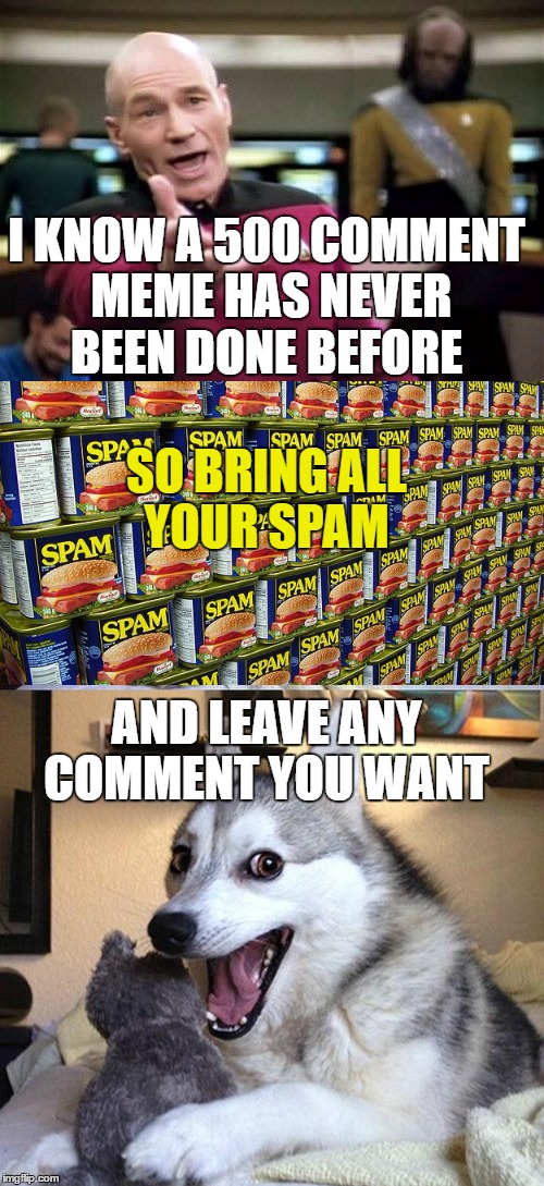 Leave any comment you want  | I KNOW A 500 COMMENT MEME HAS NEVER BEEN DONE BEFORE; SO BRING ALL YOUR SPAM; AND LEAVE ANY COMMENT YOU WANT | image tagged in picard wtf,spam,bad pun dog,comments | made w/ Imgflip meme maker