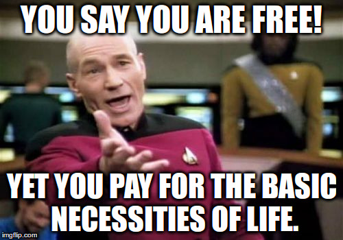 Picard Wtf Meme | YOU SAY YOU ARE FREE! YET YOU PAY FOR THE BASIC NECESSITIES OF LIFE. | image tagged in memes,picard wtf | made w/ Imgflip meme maker